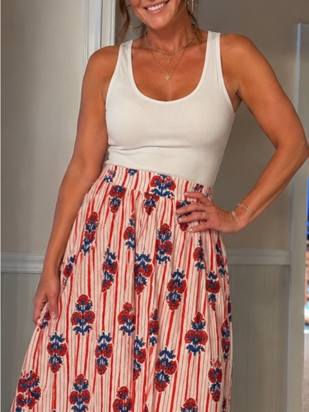 J. Crew Red & Blue Floral-Stripe Maxi Skirt
